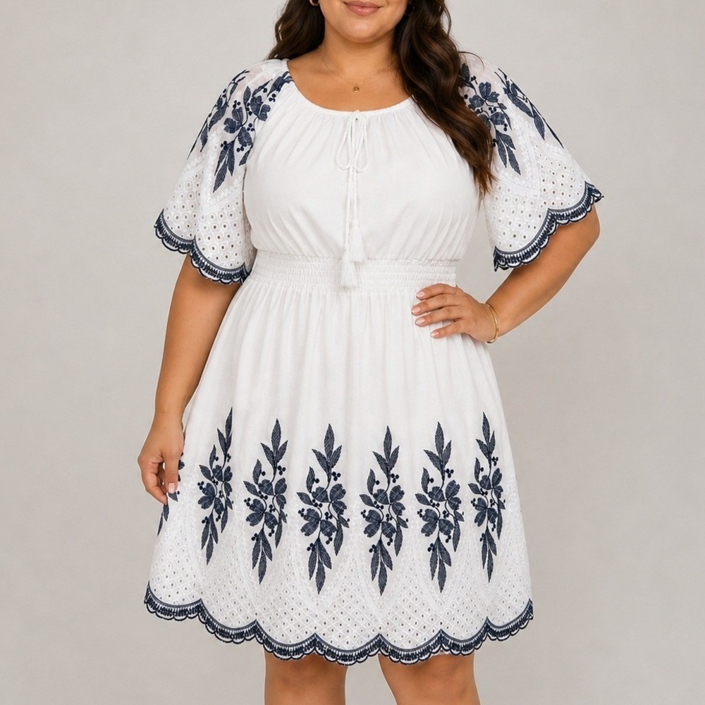 Kindred‎ White Embroidered Dress Coastal Boho Cottagecore Eyelet Midi Size 1x